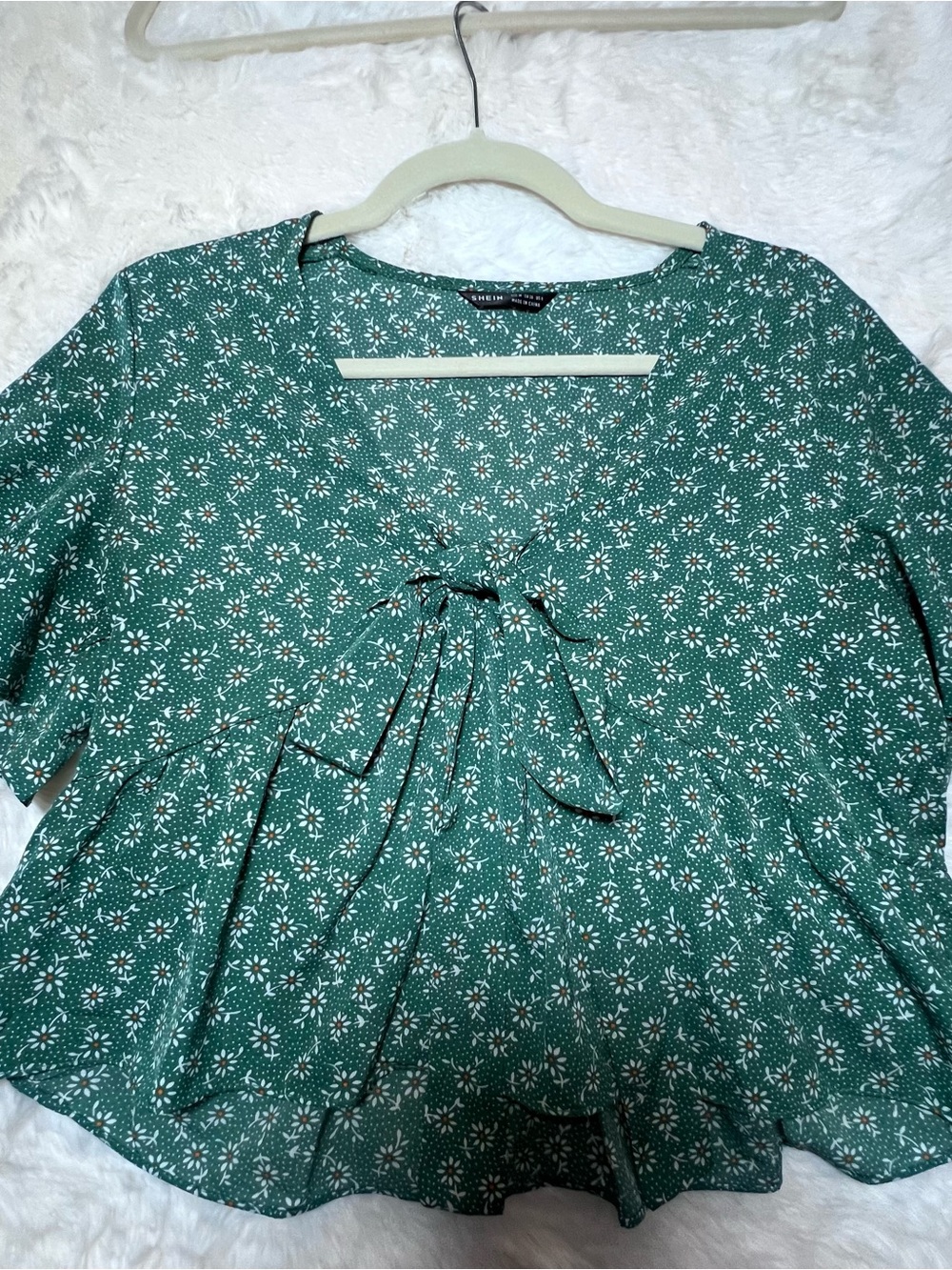 SHEIN Green Floral Tie-Front Peplum Blouse Cottagecore Feminine Bow Preppy